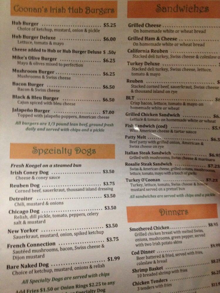 Menu at Coonan's Irish Hub pub & bar, Bay City