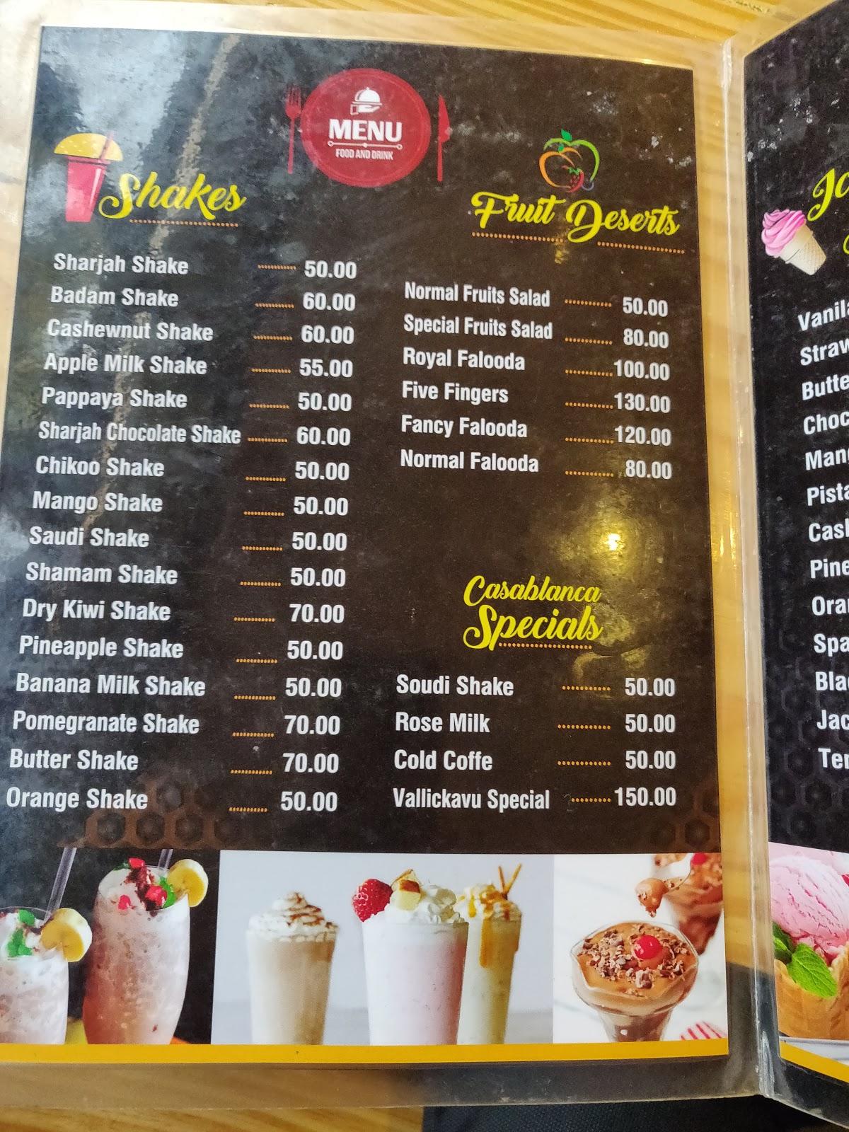 Menu at Casablanca, Vallikavu