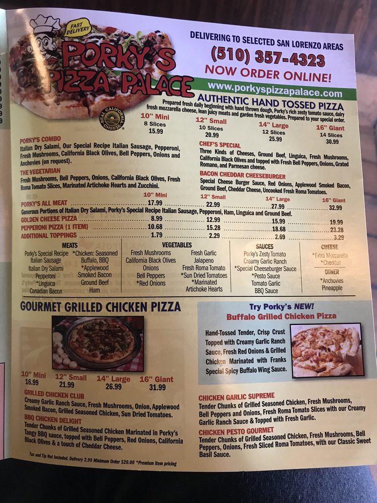 Menu at Porky's Pizza Palace pizzeria, San Leandro