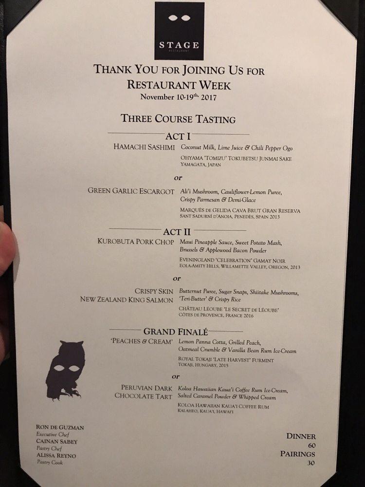 Menu at Stage Restaurant, Honolulu, Kapiolani Blvd