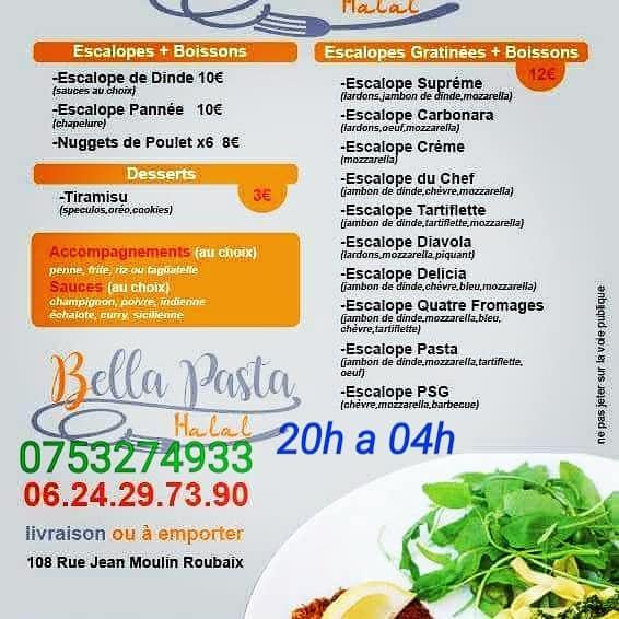 Menu au Bella Pasta Grill Pate restaurant, Roubaix