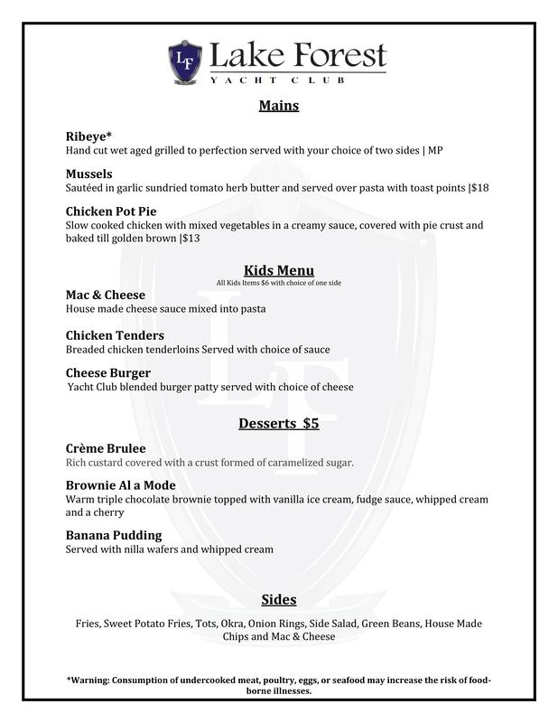 Menu at Lake Forest Yacht Club Restaurant, Daphne