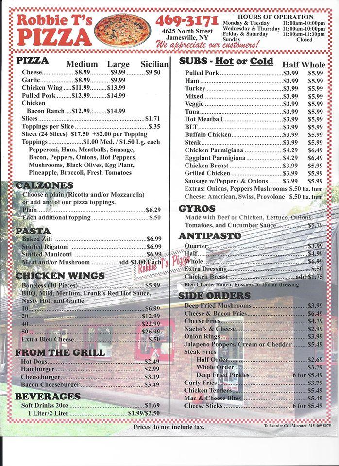 Menu At Robbie T's Pizza Pizzeria, Jamesville