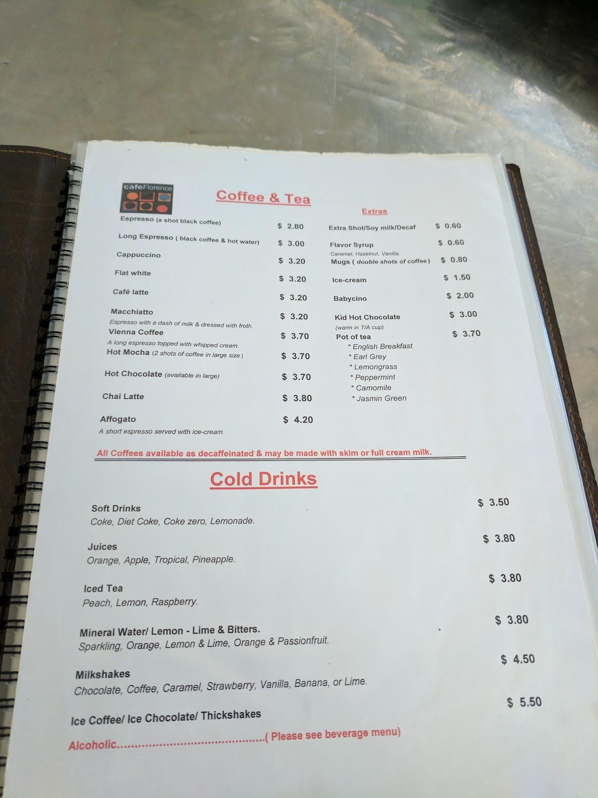 Menu at Cafe Florence, Hornsby, Florence St