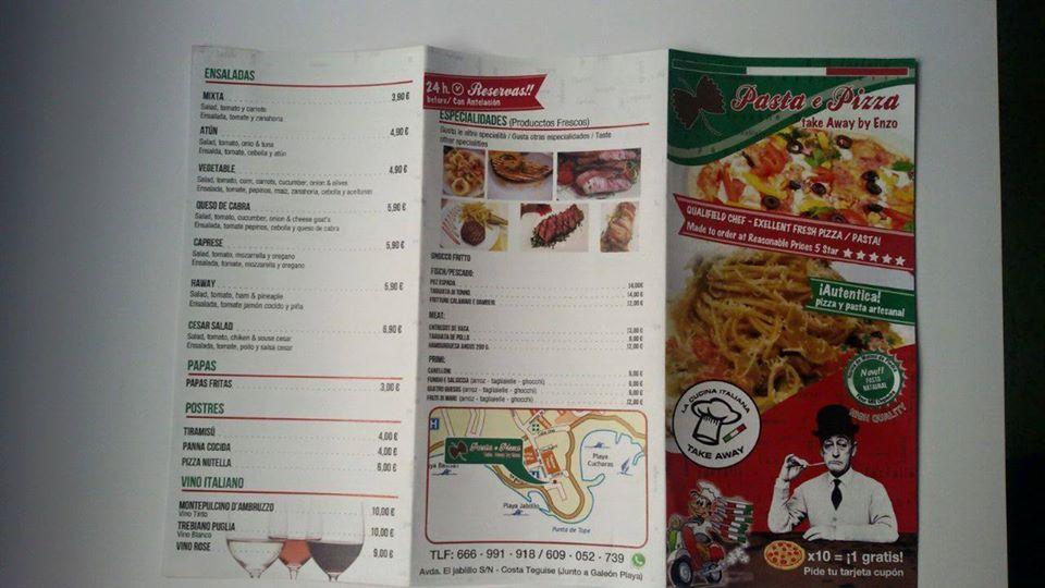 Carta del restaurante Pizza y pasta by Enzo costa teguise, Costa Teguise