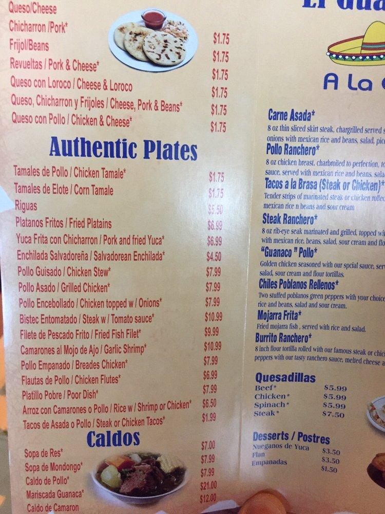 Menu at El Guanaco restaurant, Flowery Branch