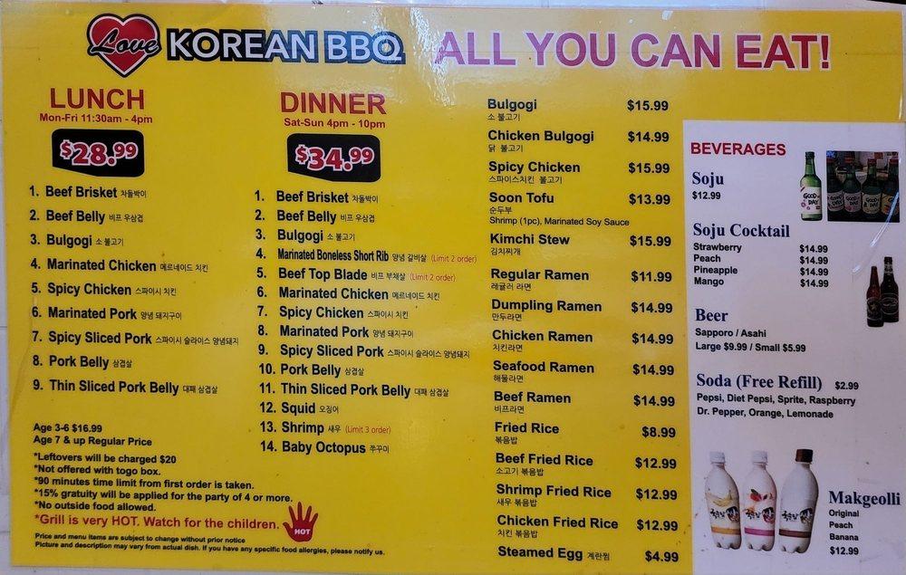 Menu at Love Korean B.B.Q BBQ, Bakersfield