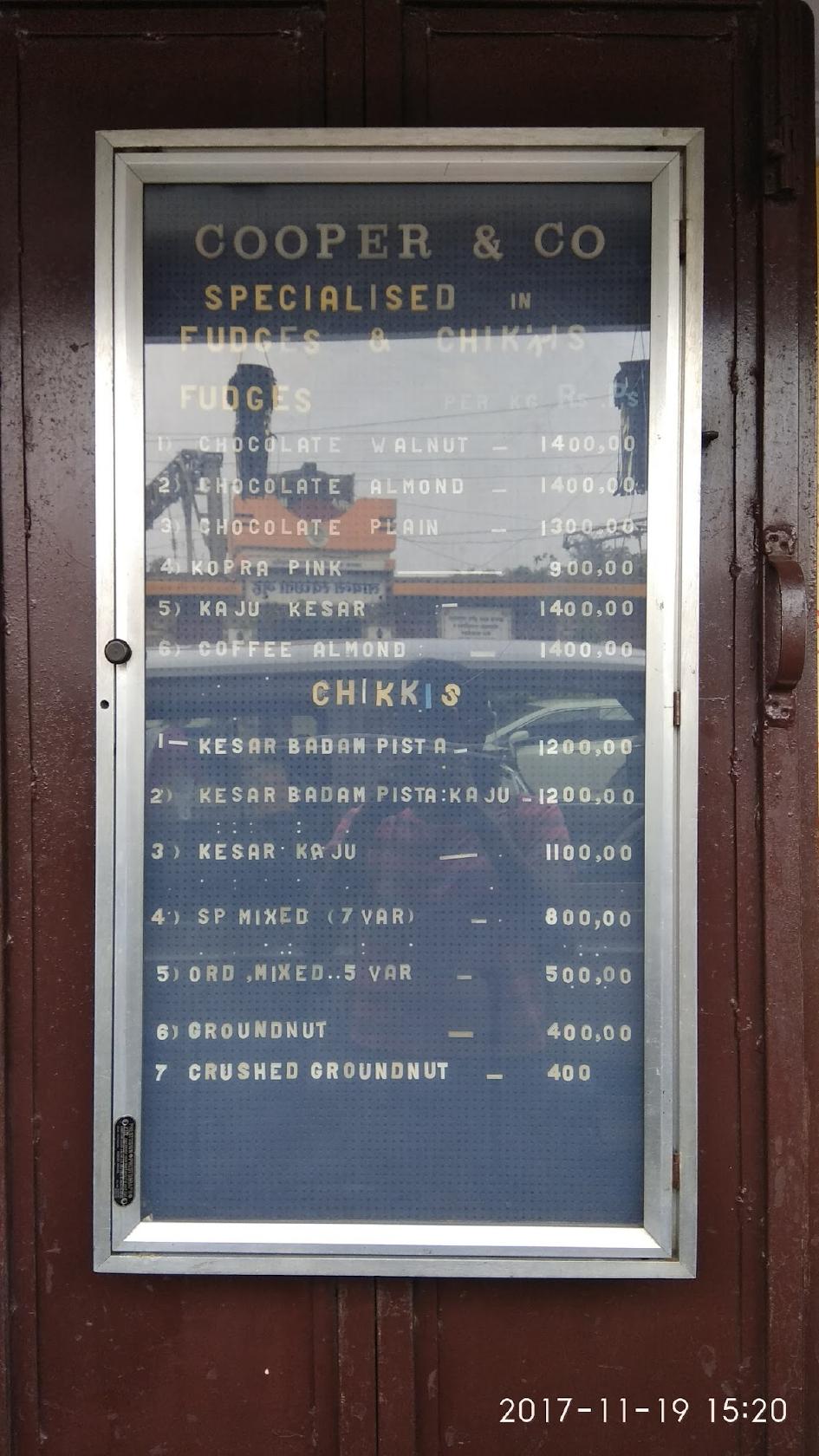 Menu at Cooper's Fudge And Chikkis, Lonavala