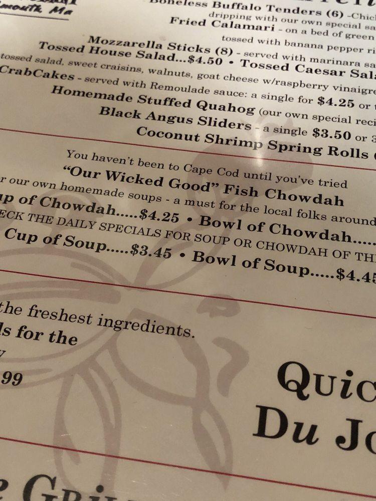 Menu at Crabapple's restaurant, Falmouth