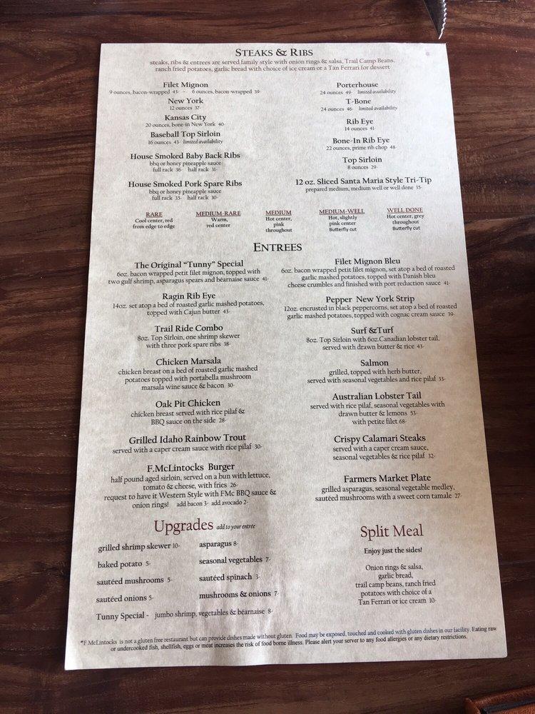 Menu at F. McLintocks Saloon and Dining House BBQ, Pismo Beach