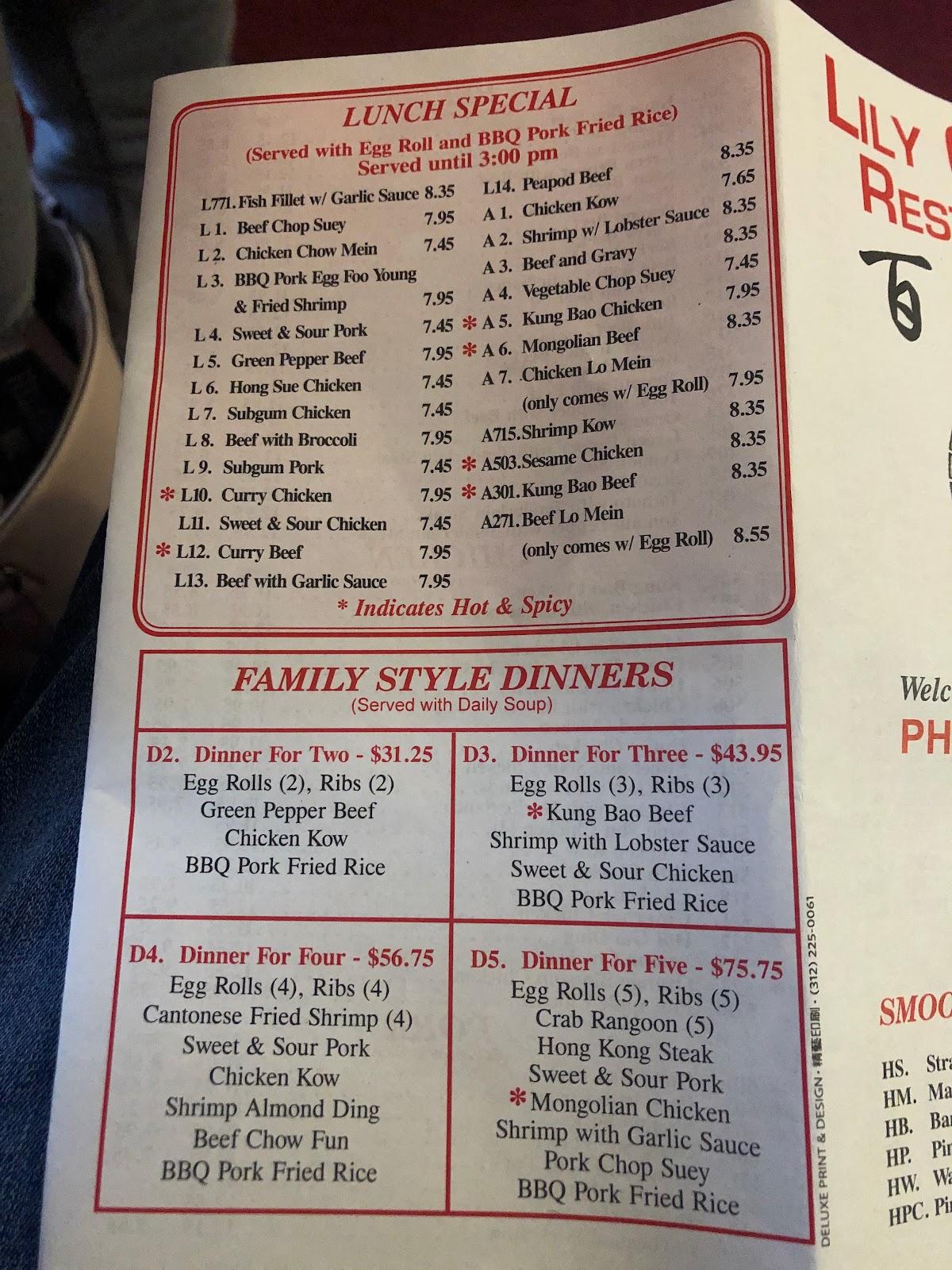 Menu at Lily Garden Restaurant, Lake in the Hills