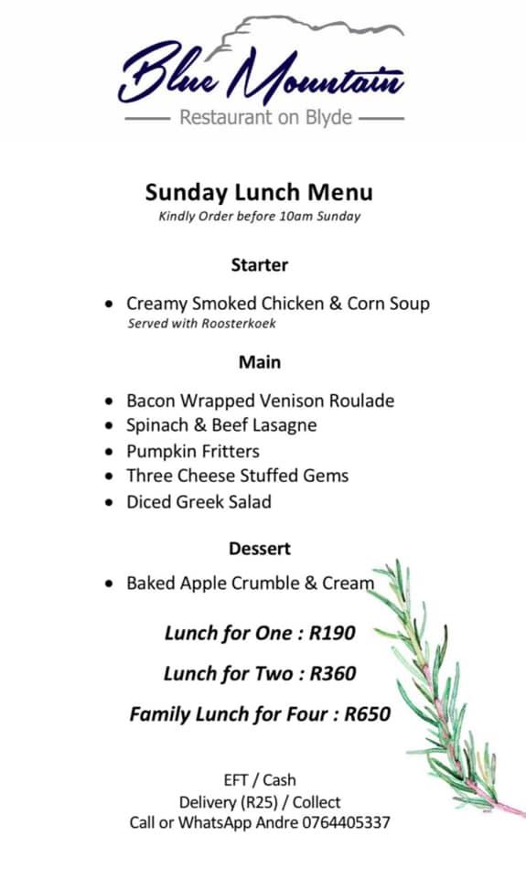 Menu at Blue Mountain Restaurant, South Africa, Stand 1 Blyde Wildlife