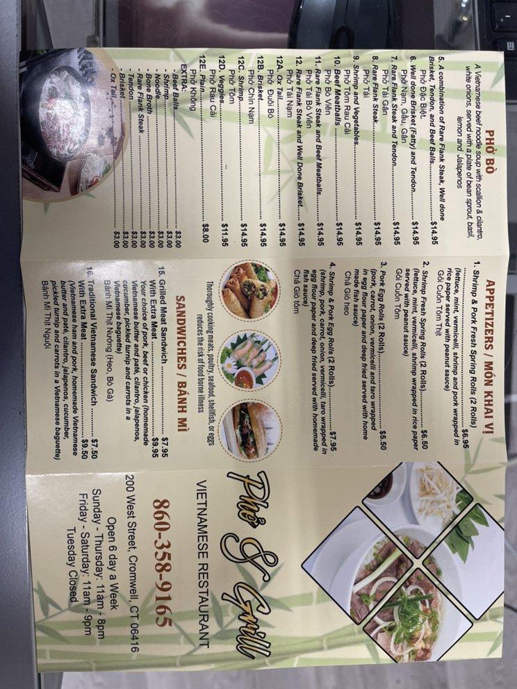 Menu at Pho & Grill Vietnamese Restaurant, Cromwell