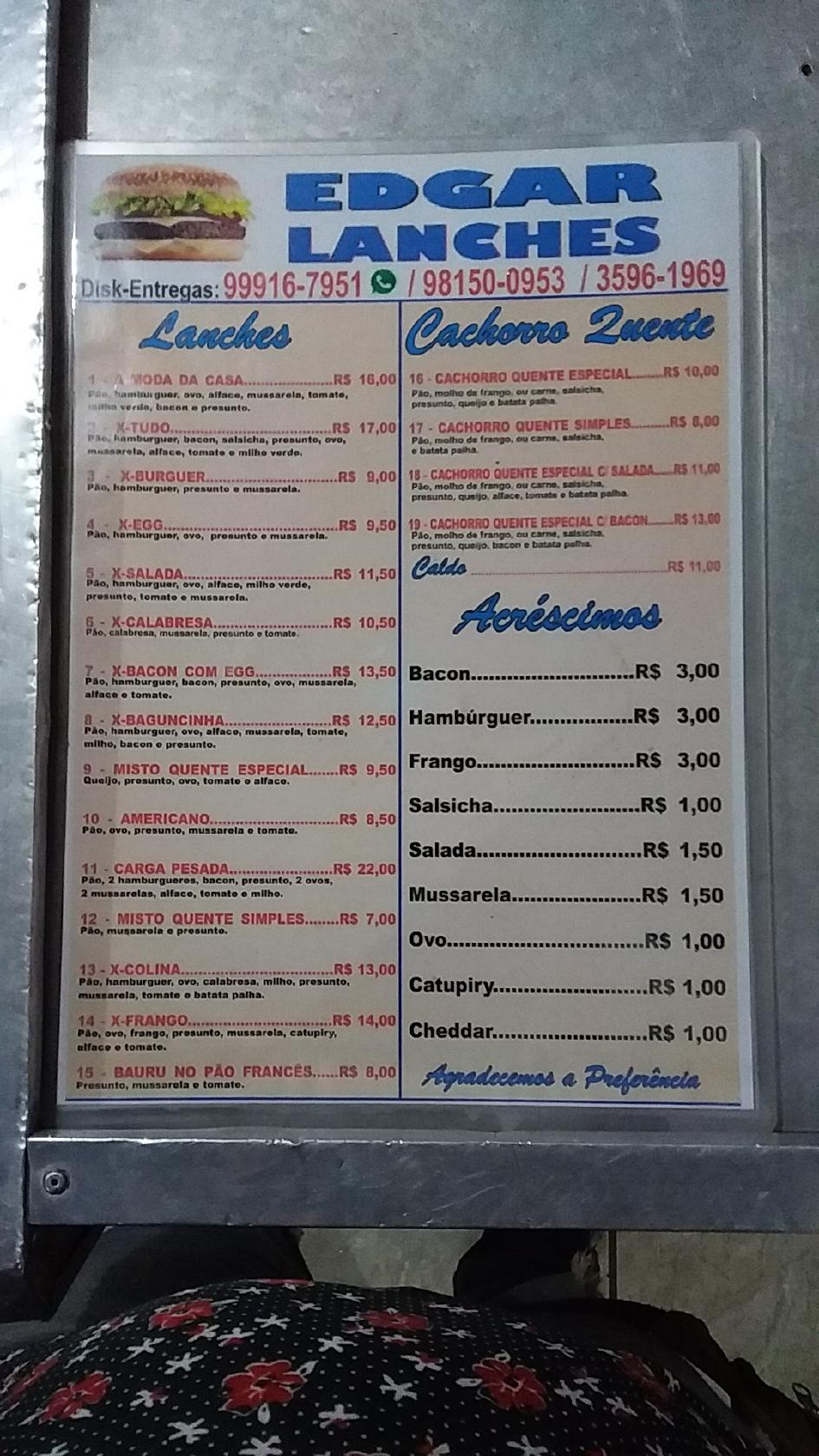 Edgar Lanches cardápio