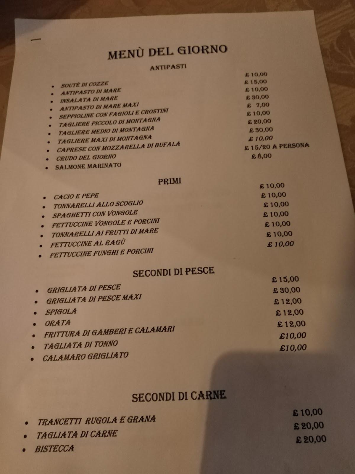 Menu da La Taverna ristorante, Isola del Liri, Largo Berardo