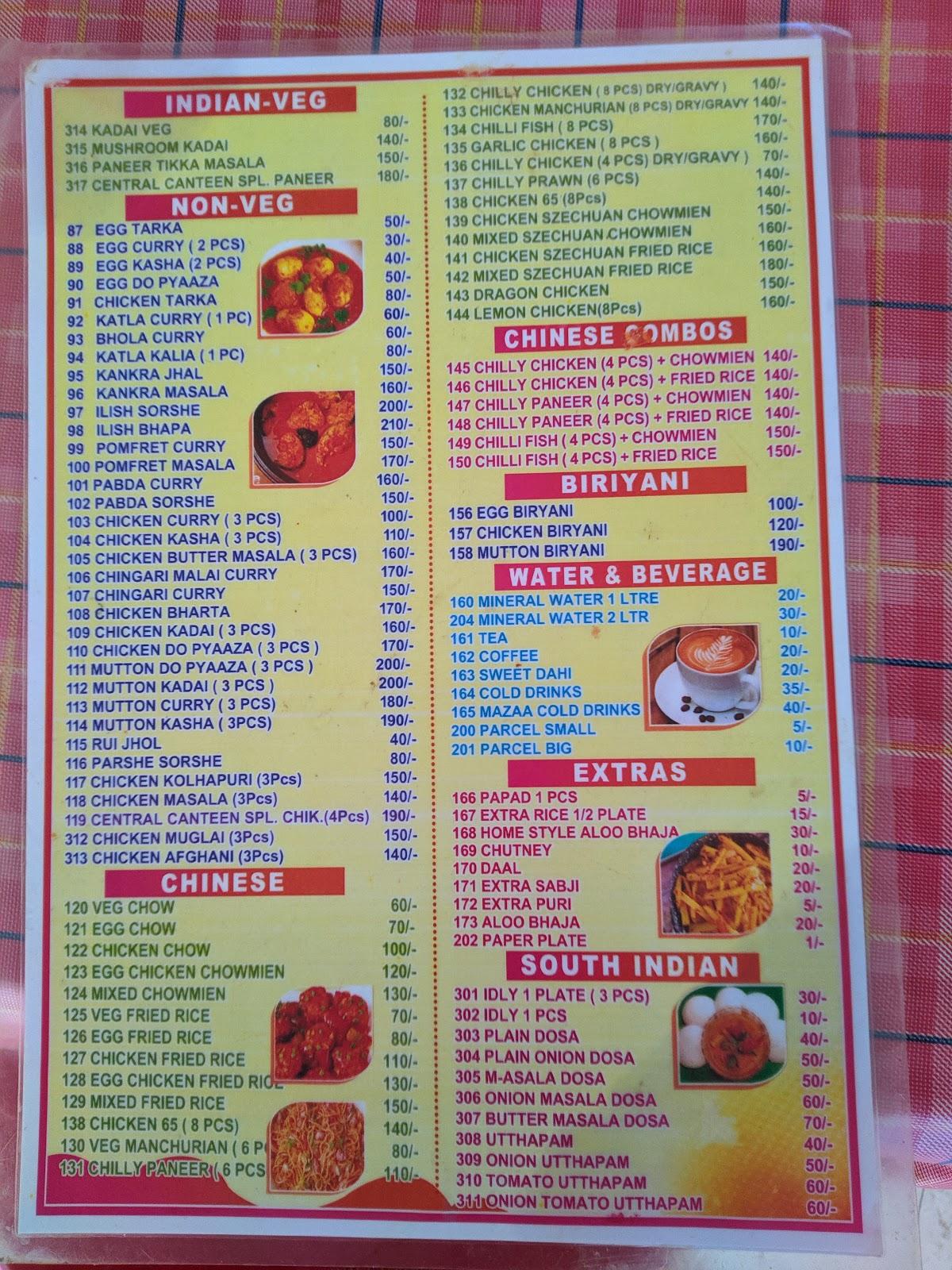 Menu at Central Canteen, Digha