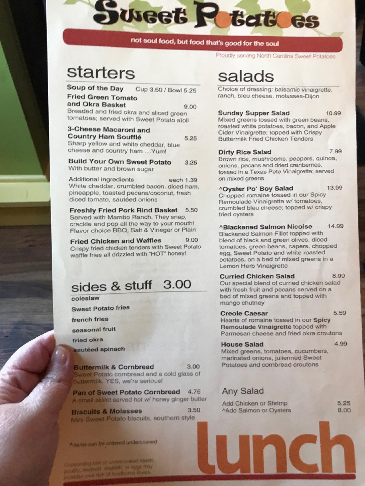 Menu at Sweet Potatoes restaurant, WinstonSalem