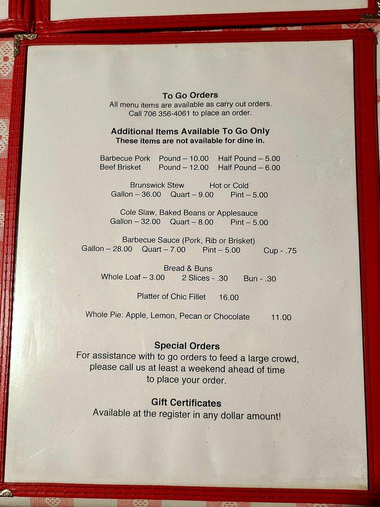 Menu at Gumlog Bar B Que & Fish Lodge, Lavonia