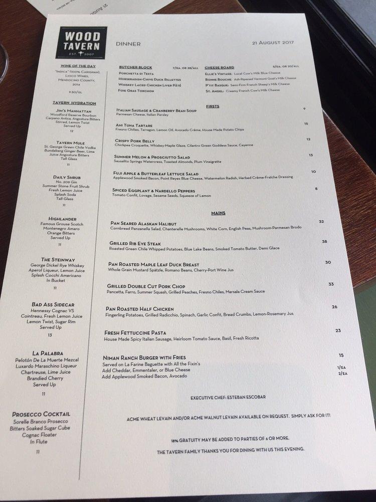 Menu at Wood Tavern restaurant, Oakland