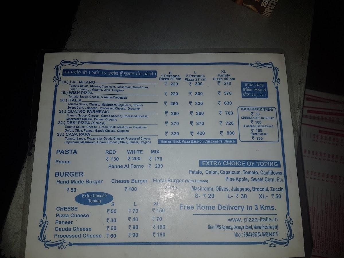 Menu at Pizza italia, Miani
