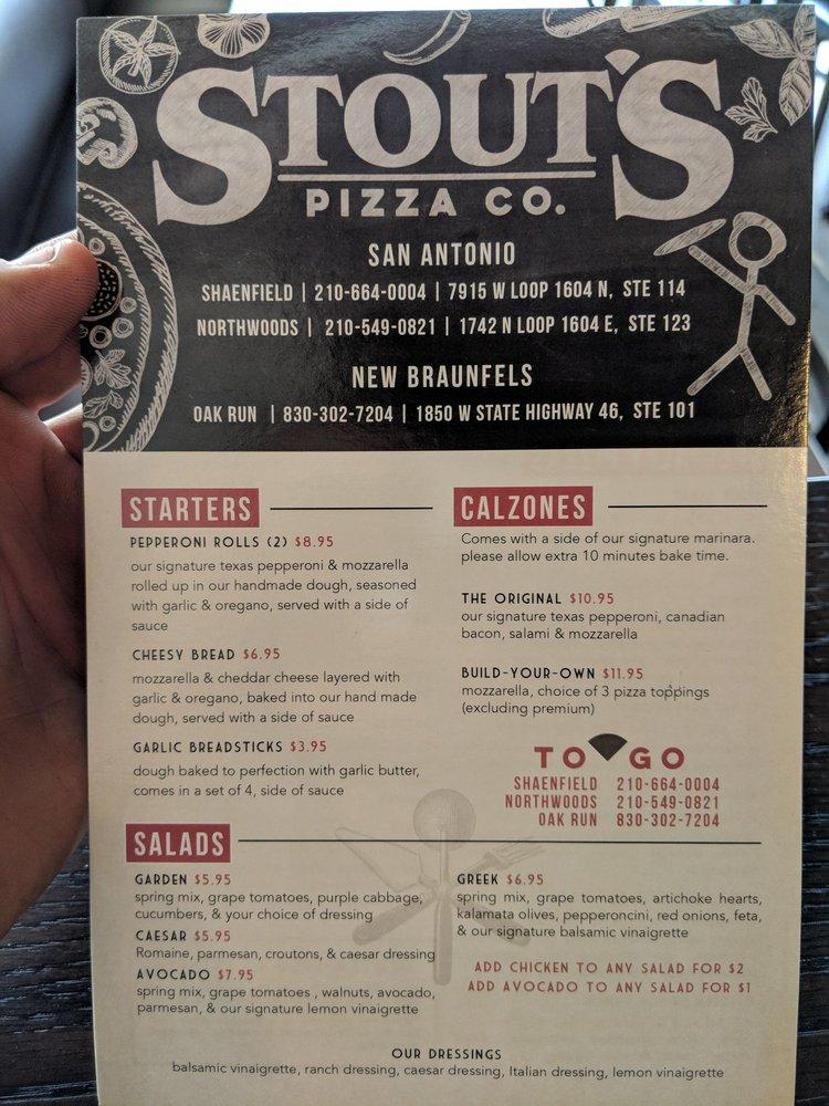 Menu at Stout's Pizza Co. pizzeria, New Braunfels
