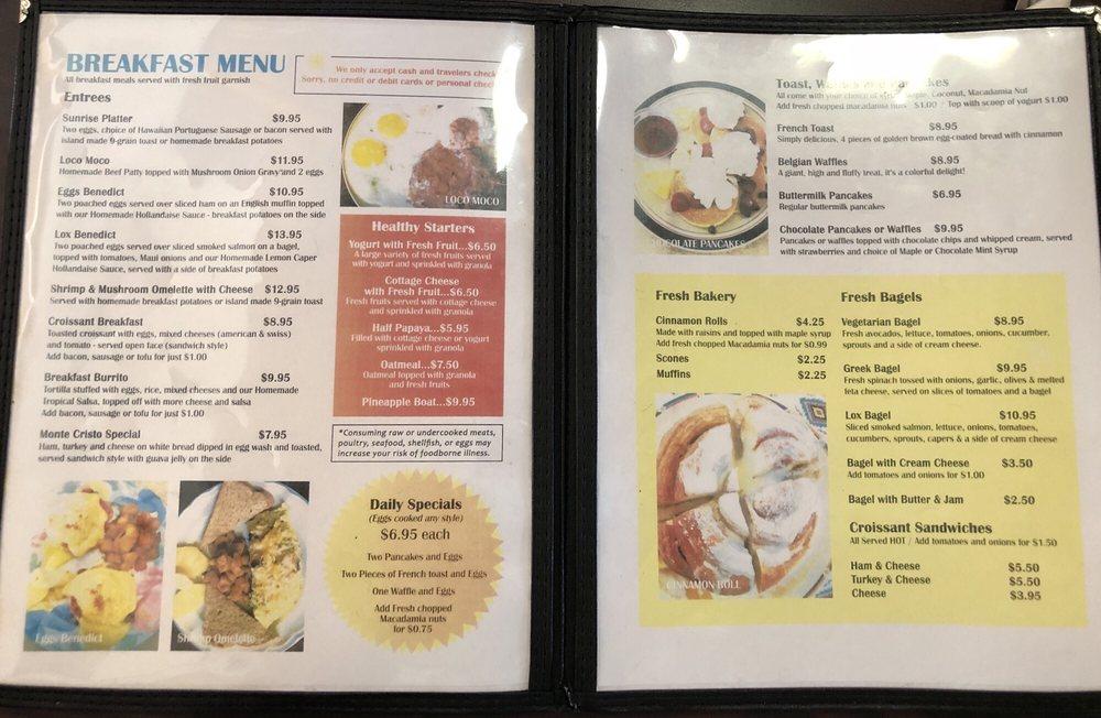 Menu at Sunrise Cafe, Lahaina