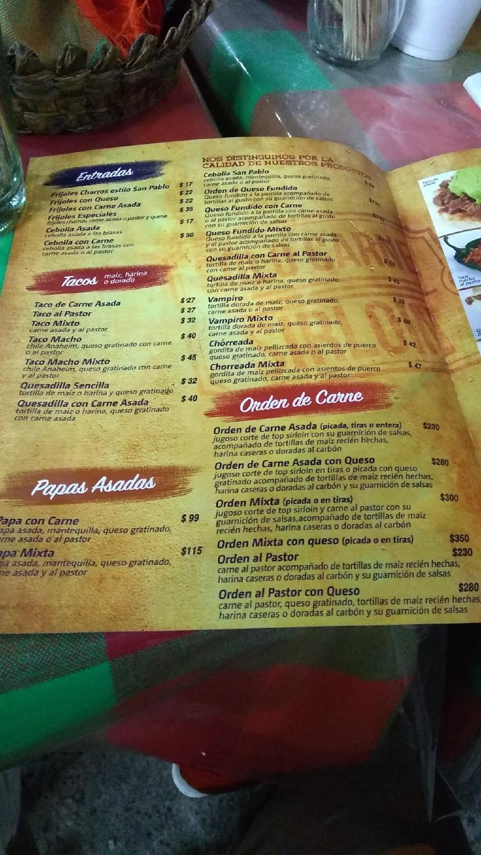 Menu at Taqueria San Pablo restaurant, Mazatlán, Av Sinaloa 930B