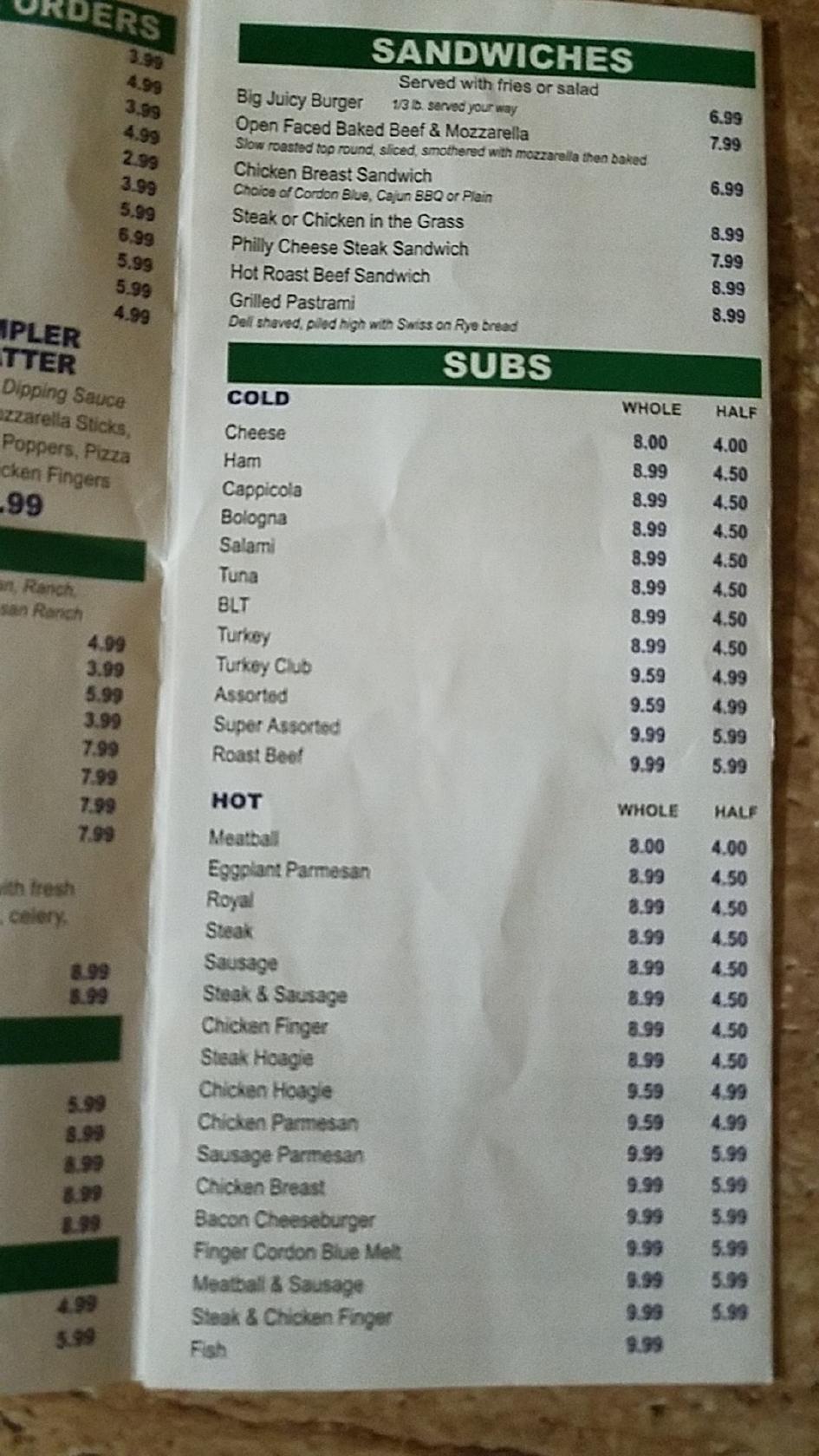 Menu at Yubb's Restaurant, Niagara Falls