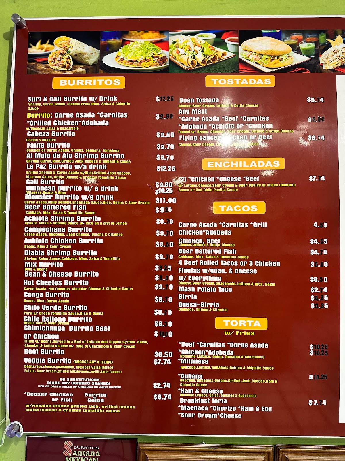 Menu at Burritos Santana restaurant, San Diego, San Diego Mission Rd