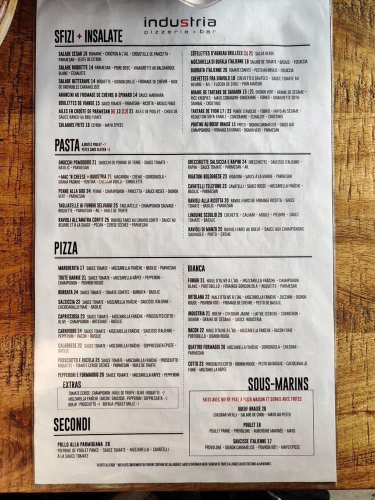 Menu au Industria Pizzeria + Bar, Laval