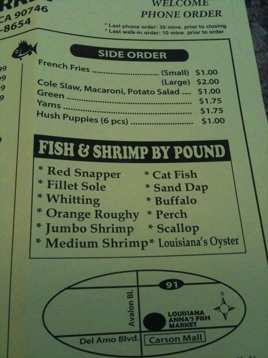 Menu at Ann's Fish Market restaurant, Carson