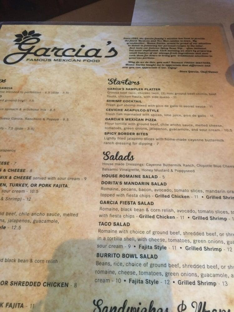 Menu at Garcia's Famous Mexican Food restaurant, Covington