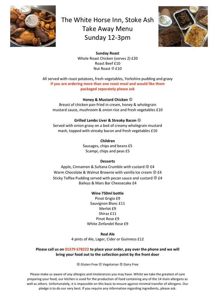 Menu at The White Horse Inn restaurant, Eye