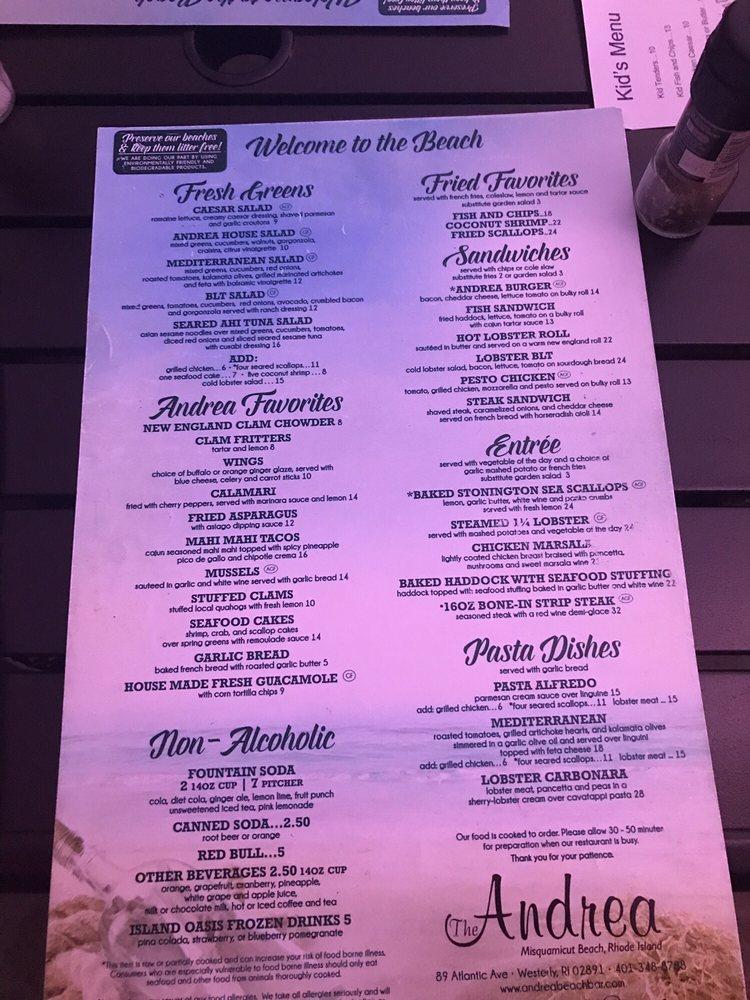 Menu at The Andrea Seaside Restaurant and Beach Bar, Westerly