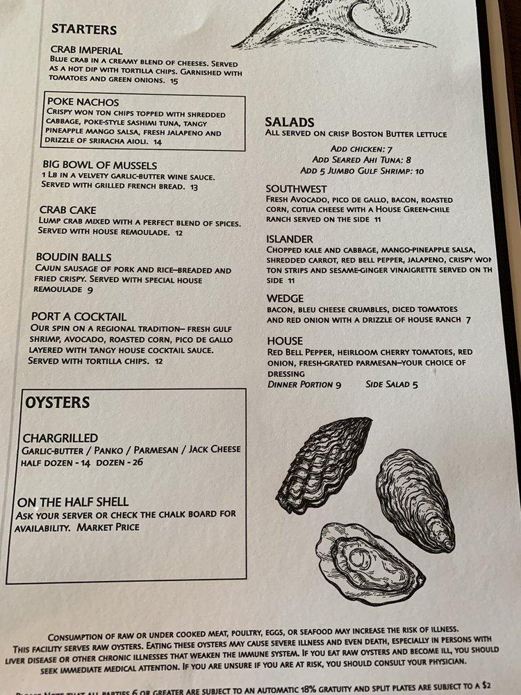 Menu at Tortuga's Saltwater Grill steakhouse, Port Aransas