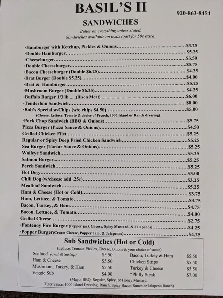 Menu at Basil's II pub & bar, Denmark