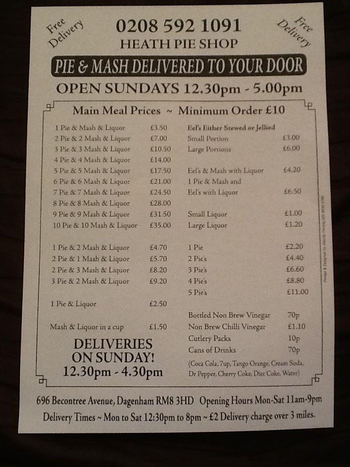 Menu at Heath Pie & Mash & Seafood restaurant, Dagenham