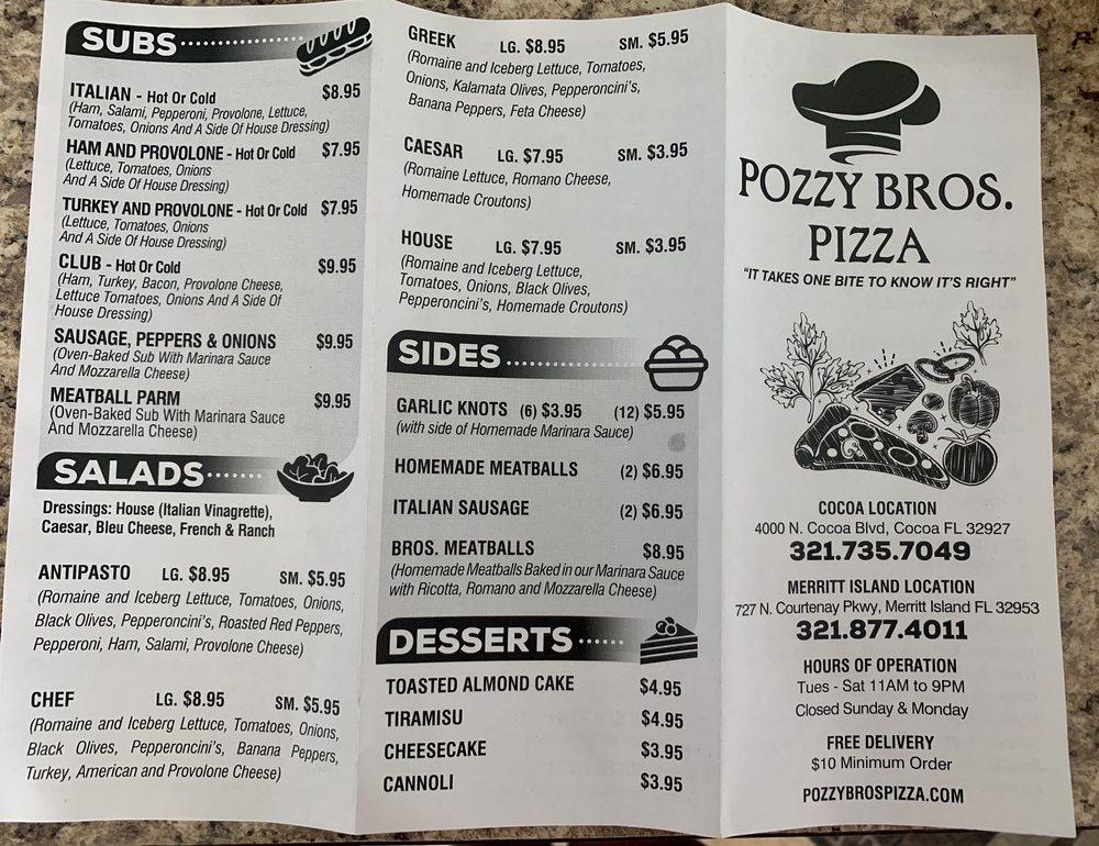Menu at Pozzy Bros Pizza pizzeria, Merritt Island