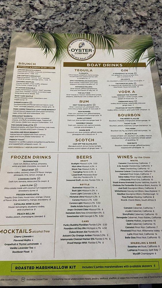 Menu at St. Augustine Fish House & Oyster Company restaurant, St. Augustine