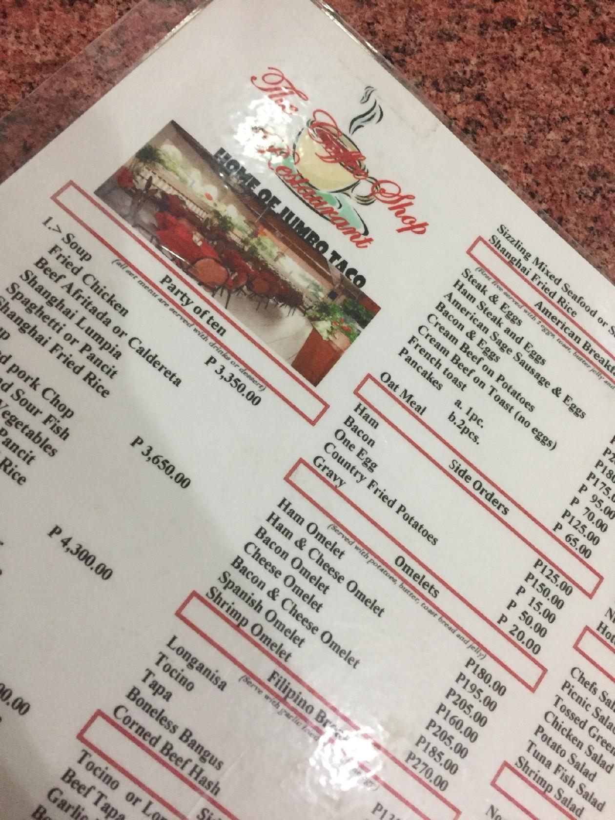 Menu at The Coffee Shop Home of Jumbo Tacos cafe, Olongapo