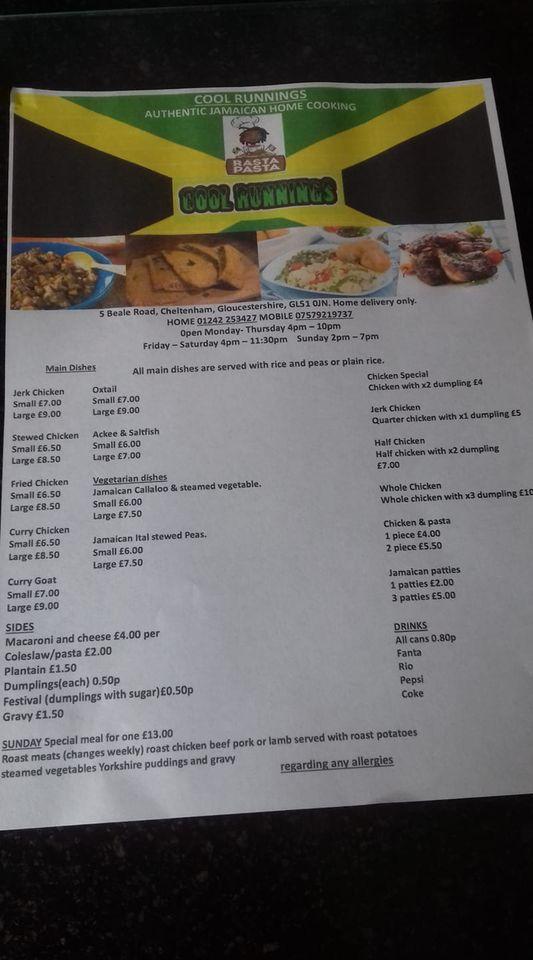 Menu at Cool runnings jamaican home delivery restaurant, Cheltenham
