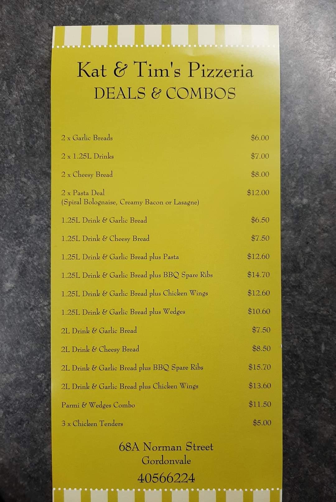 Menu at Kat & Tim's Pizzeria, Gordonvale