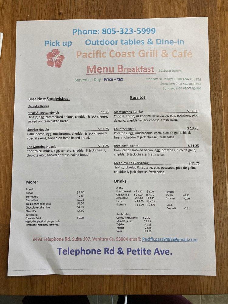 Menu at Pacific Coast Grill & Café restaurant, Ventura