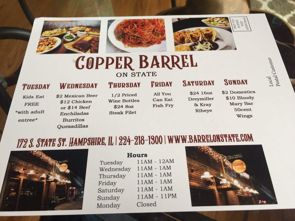 Menu at Copper Barrel on State, Hampshire