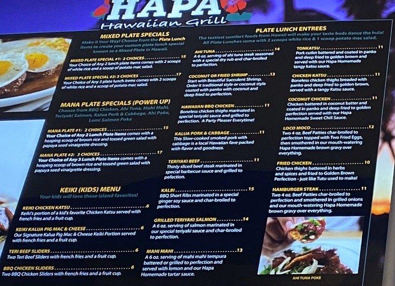 Menu at Hapa Hawaiian Grill restaurant, Pittsburgh
