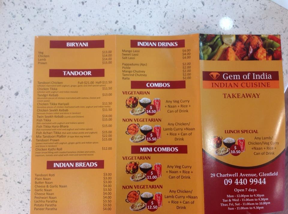 Carta del restaurante Gem of India, Auckland