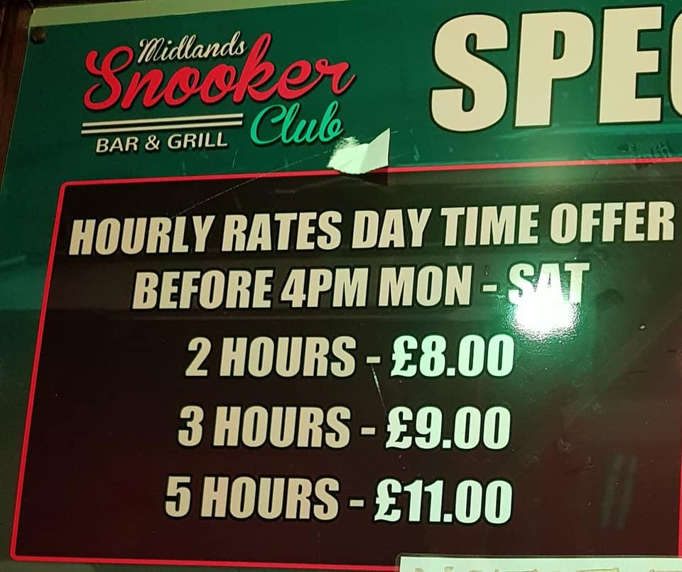 Menu of Midlands Snooker Club, Bilston reviews and ratings