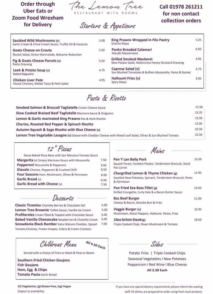 Menu at The Lemon Tree Restaurant With Rooms, Wrexham