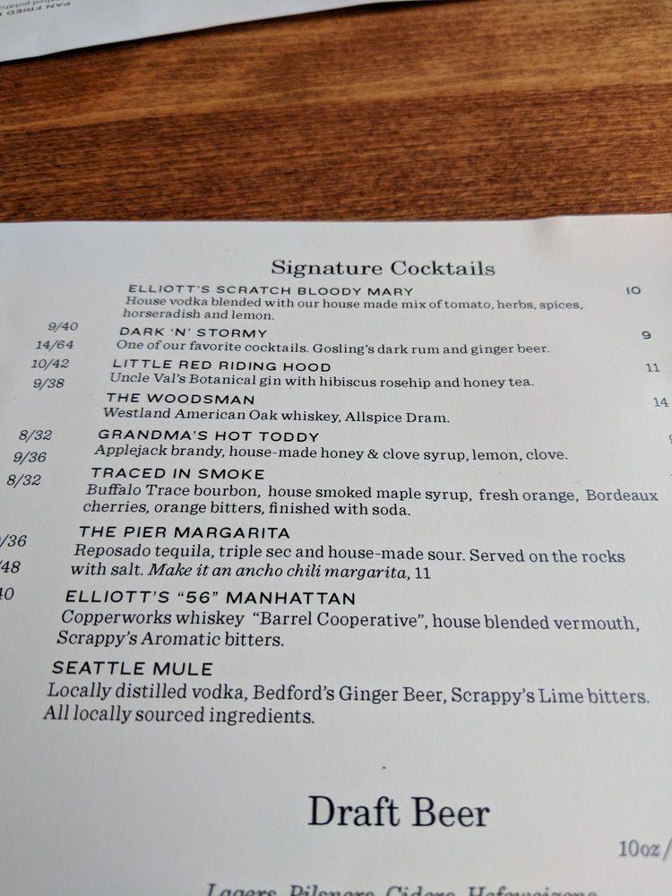 Menu at Elliott's Oyster House restaurant, Seattle