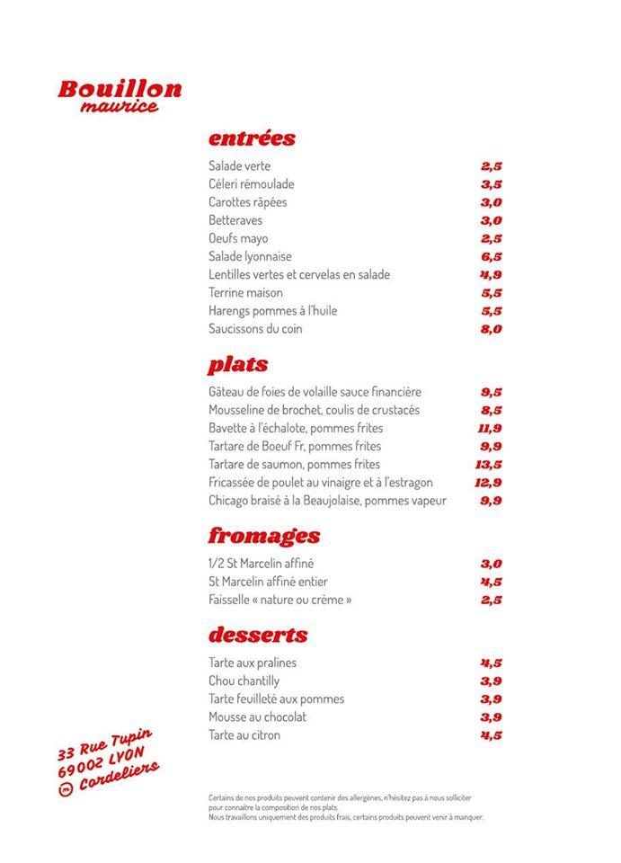 Menu au Bouillon Maurice restaurant, Lyon, 33 Rue Tupin